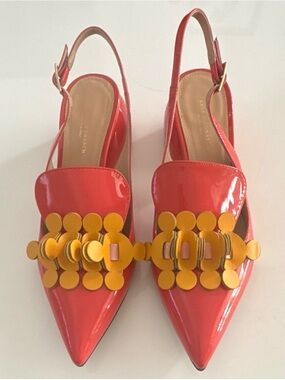 Anya Hindmarch Red Patent Leather Slingback Pointed Toe Buckle Heels EU 36